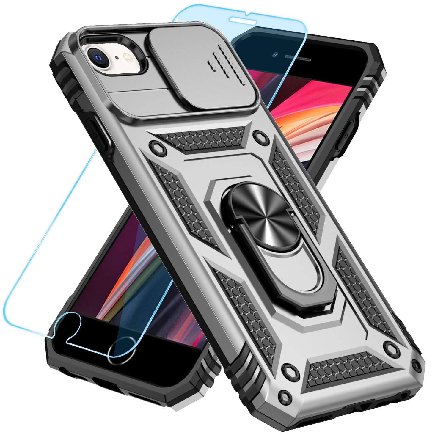 SunStory Compatible with iPhone SE 2022/2020/3rd/2rd / 6/7/8 Case with HD Screen Protector & Slide Camera Cover & Kickstand, [Military-Grade] Phone