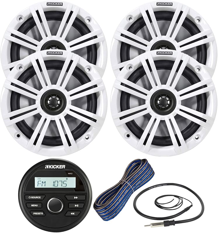 Combinación de receptor estéreo USB Bluetooth estilo indicador marino para todo tipo de clima con 2 pares (cantidad 4) de parlantes marinos coaxiales máximos de 6,5" 2 vías 195 W con rejillas blancas, cable de calibre 16 de 50 pies, antena de 22"