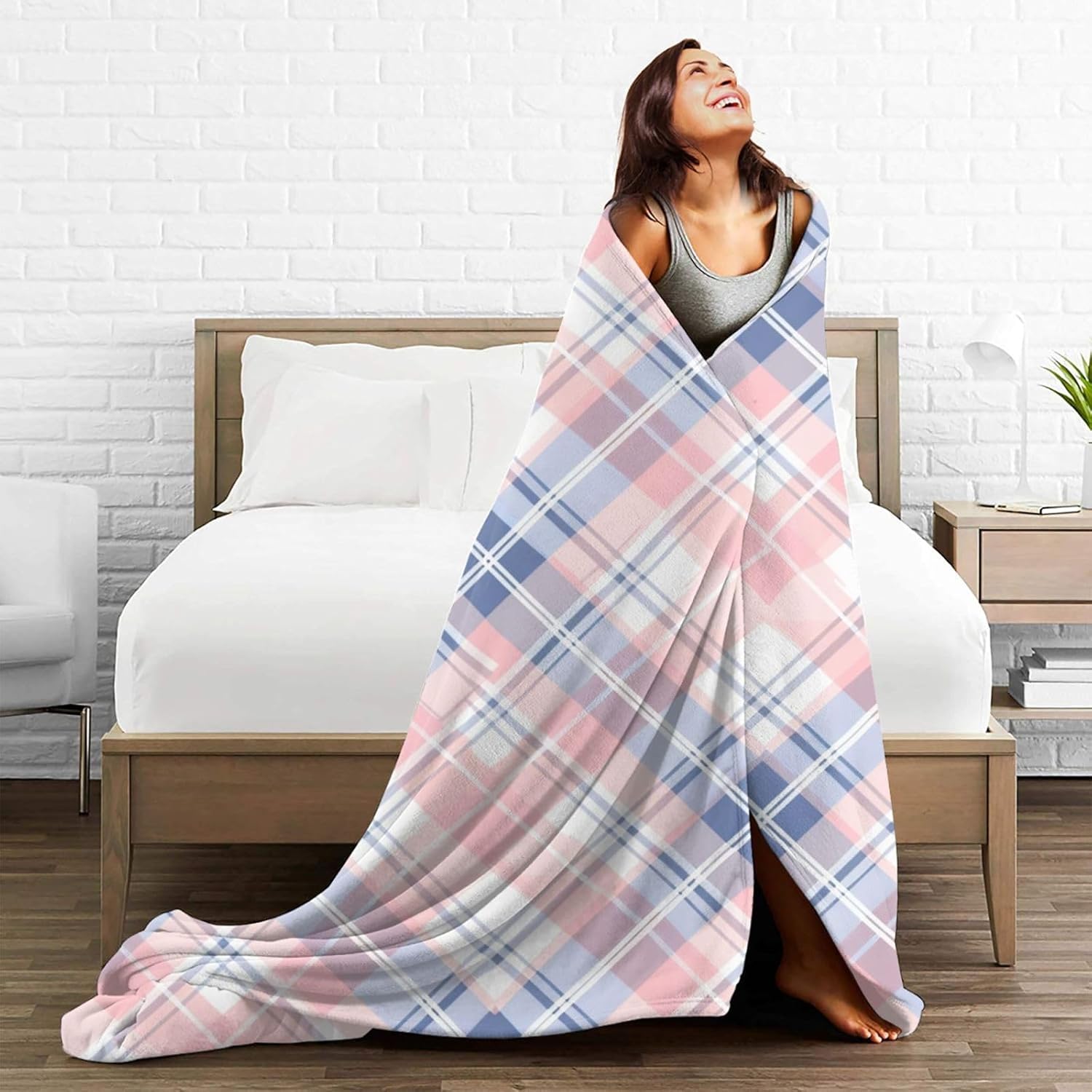 Manta Cuadros Geométricos 220x240 cm Manta Polar de Franela Rosa y Azul para Sofa y Cama, Mantas Ligeras, Caliente y Transpirable, Todas Las Estaciones A-0960