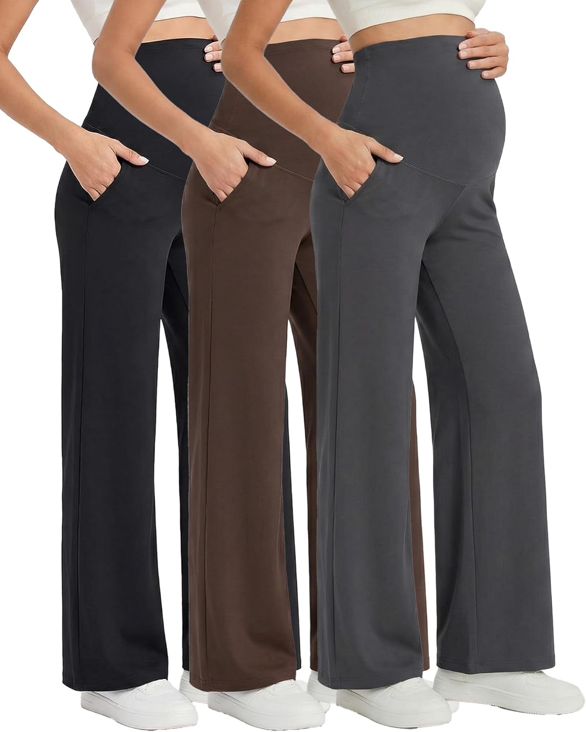 Coume 3 Pack Women's Maternity Pants Over The Belly Pregnancy Yoga Pants Stretchy Loose Wide Leg Trousers with Pockets