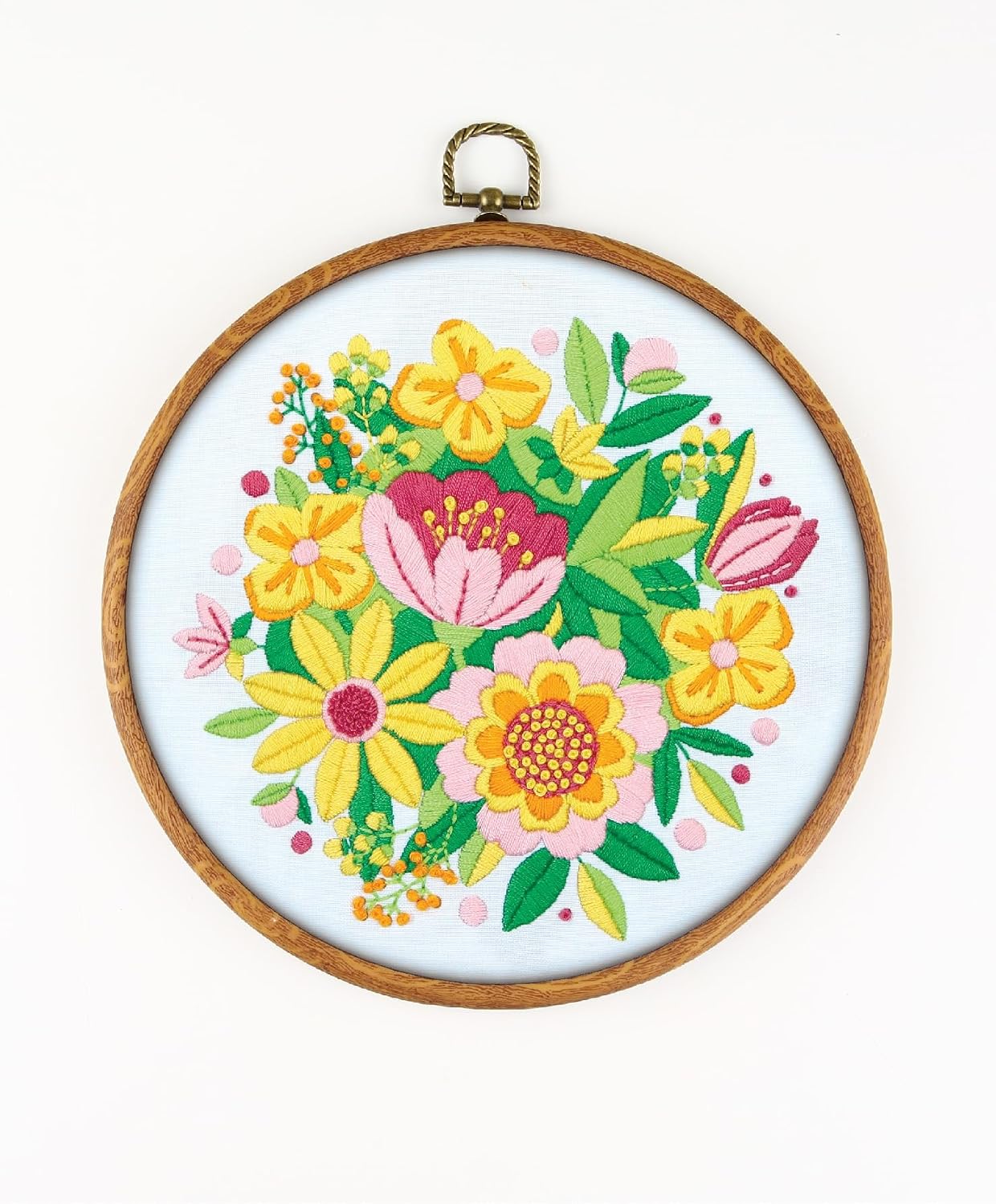 Floral EM234 - DIY Embroidery Kit. Set of Threads, Needles, Stamped Cloth, Needle Threader, Embroidery Clippers and Printed Color Pattern Inside.
