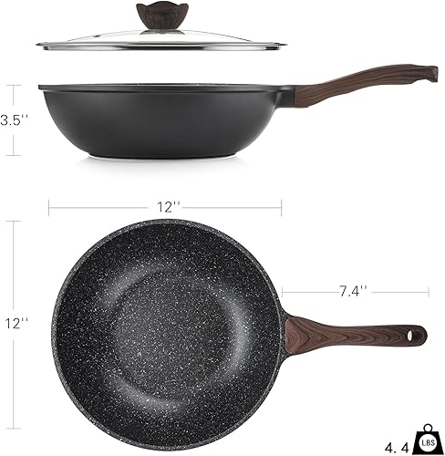 Miniatura 6 de Kordisen Wok antiadherente con tapa, woks y sartenes de 12 pulgadas, revestimiento de piedra de granito para cocinar, utensilios de cocina de