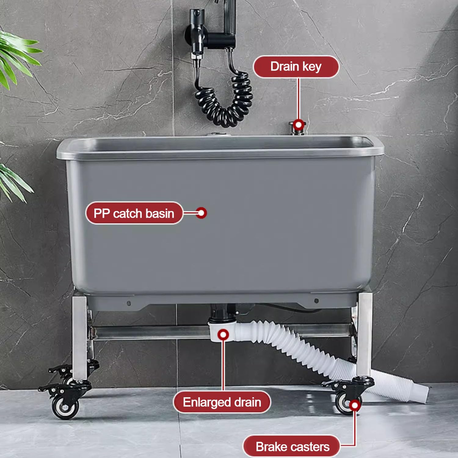 Fregadero de fregona comercial con rodillo de 26 cm de profundidad, fregadero extraíble para fregona de suelo, fregadero de una sola cubeta para lavandería, patio, drenaje incluido