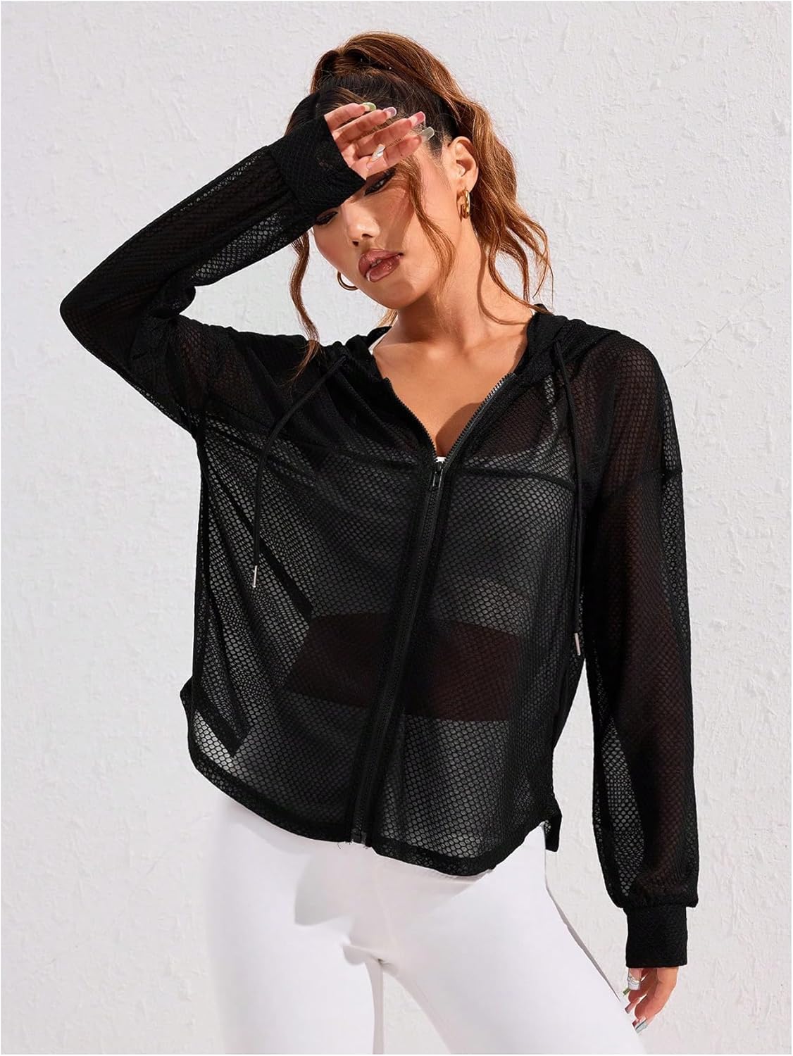 SweatyRocks Women's Zip Up Hoodie Sheer Mesh Hooded Workout Running Jackets - Image 3