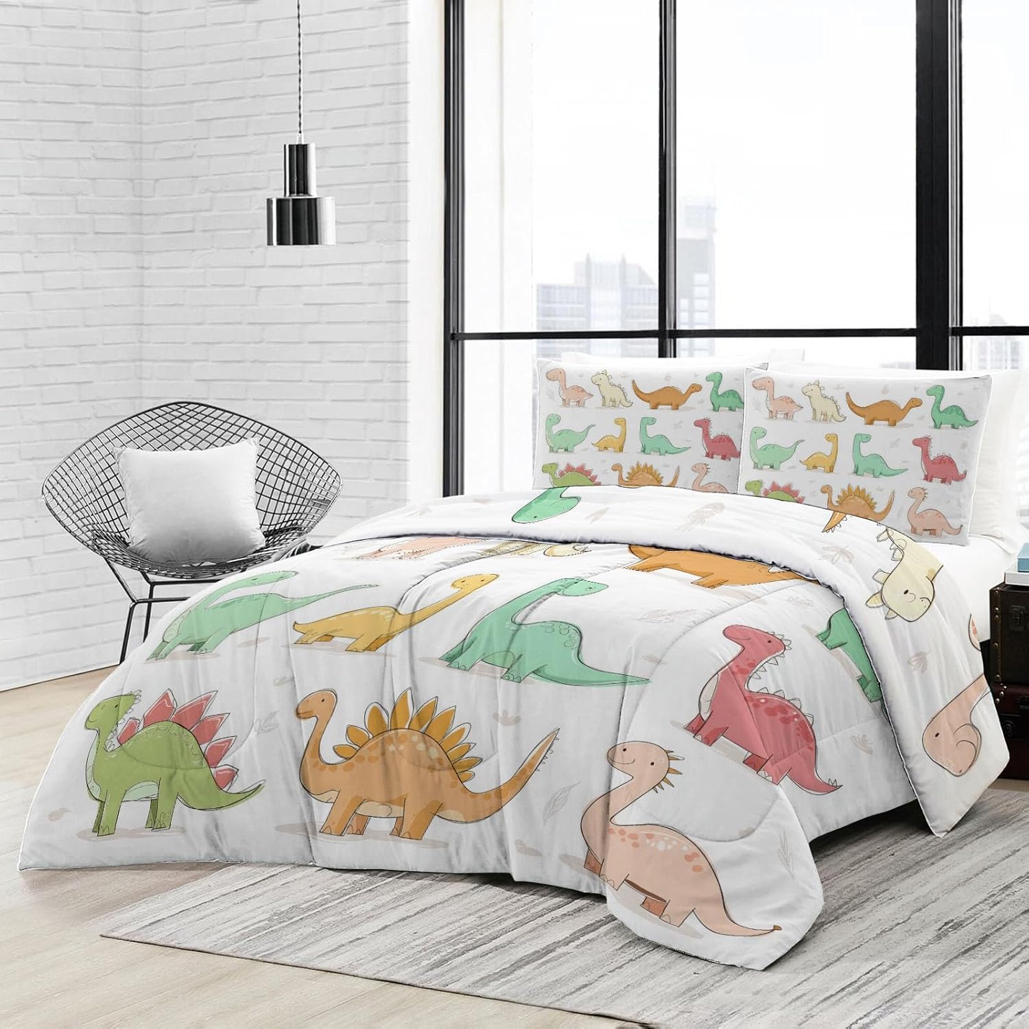 3 Pieces Animals Cute Colored Dinosaurs Bedding Set, Cartoon King Comforter Set for Kids Girls Room Decor, Aesthetic Soft Microfiber Quilt for All Season (104" x 90")