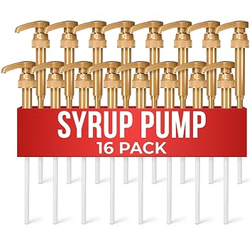 Coffee Syrup Pump, 16 Pack Gold Dispenser for 25.4 oz Bottles | Pumps for Syrup Bottles; 9.25" Closed, 11.54" Open Plastic Build; Lock Mechanism, Leak-Resistant for Liquids, Sauces & Pastes