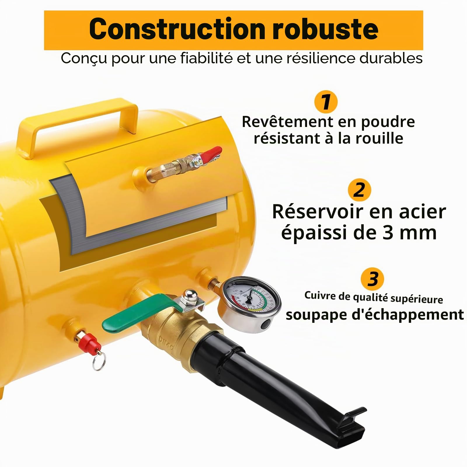 FreeTec Gonfleur Booster Pneu, 20L 5 Gallon Bonbonne Air Pneus, 6-8 Bar Gonfleur Jante Style Canon à Air et Bazooka avec Manomètre & Soupape de Sécurité pour Pneus 12R (24.5") Camion Tracteur, Jaune
