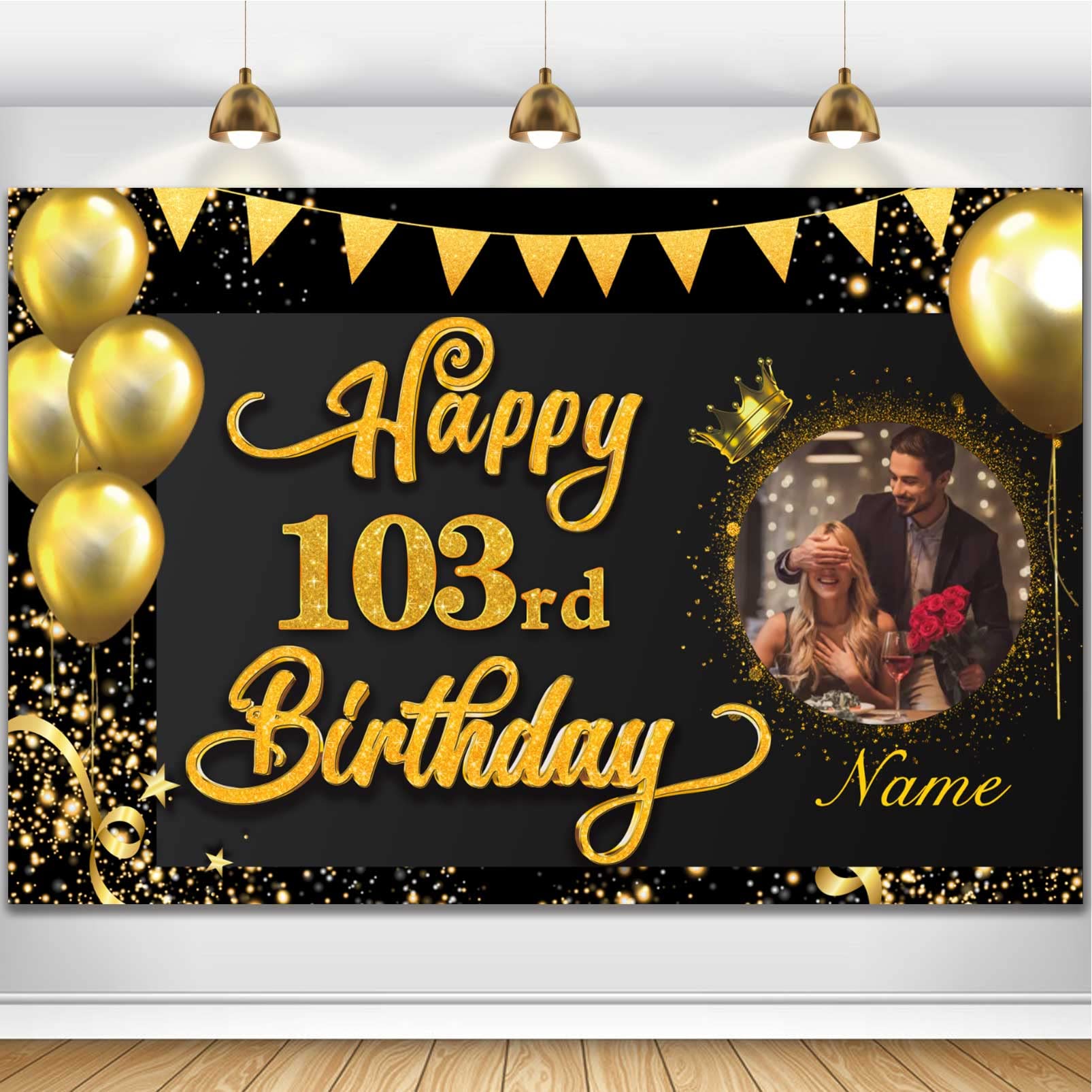 Custom Happy 103rd Birthday Decorations Banner - 103 Years Old Decorations Backdrop for Women Men Boys Girls - Personalization Party Supplies - Black