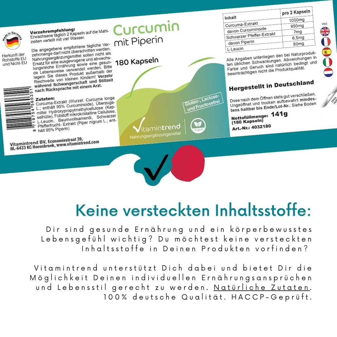 Vitamintrend Curcumin mit Piperin, 180 Kapseln, hochdosiert, 95% Curcuminoide, Nahrungsergänzungsmittel vegan ohne Magnesiumstearat, in Deutschland hergestellt