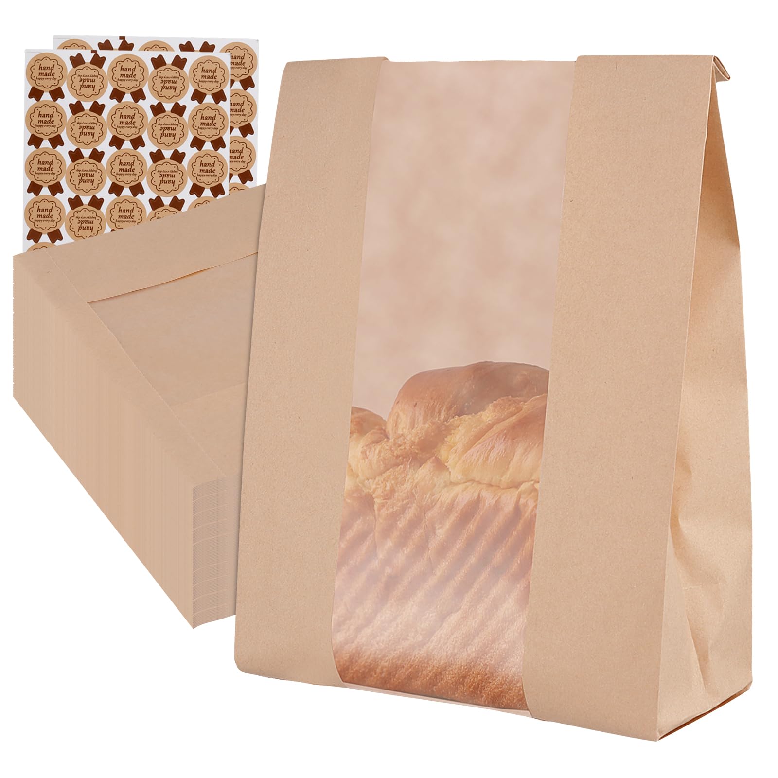 Pingeui Kraft 100 Pcs Paper Bread Bags, Sourdough Bread Bags With Window, Paper Bakery Bag For Homemade Breads Cookie Snacks, Includes 100 Sealing Stickers, 13.7X8.2x3.5 In