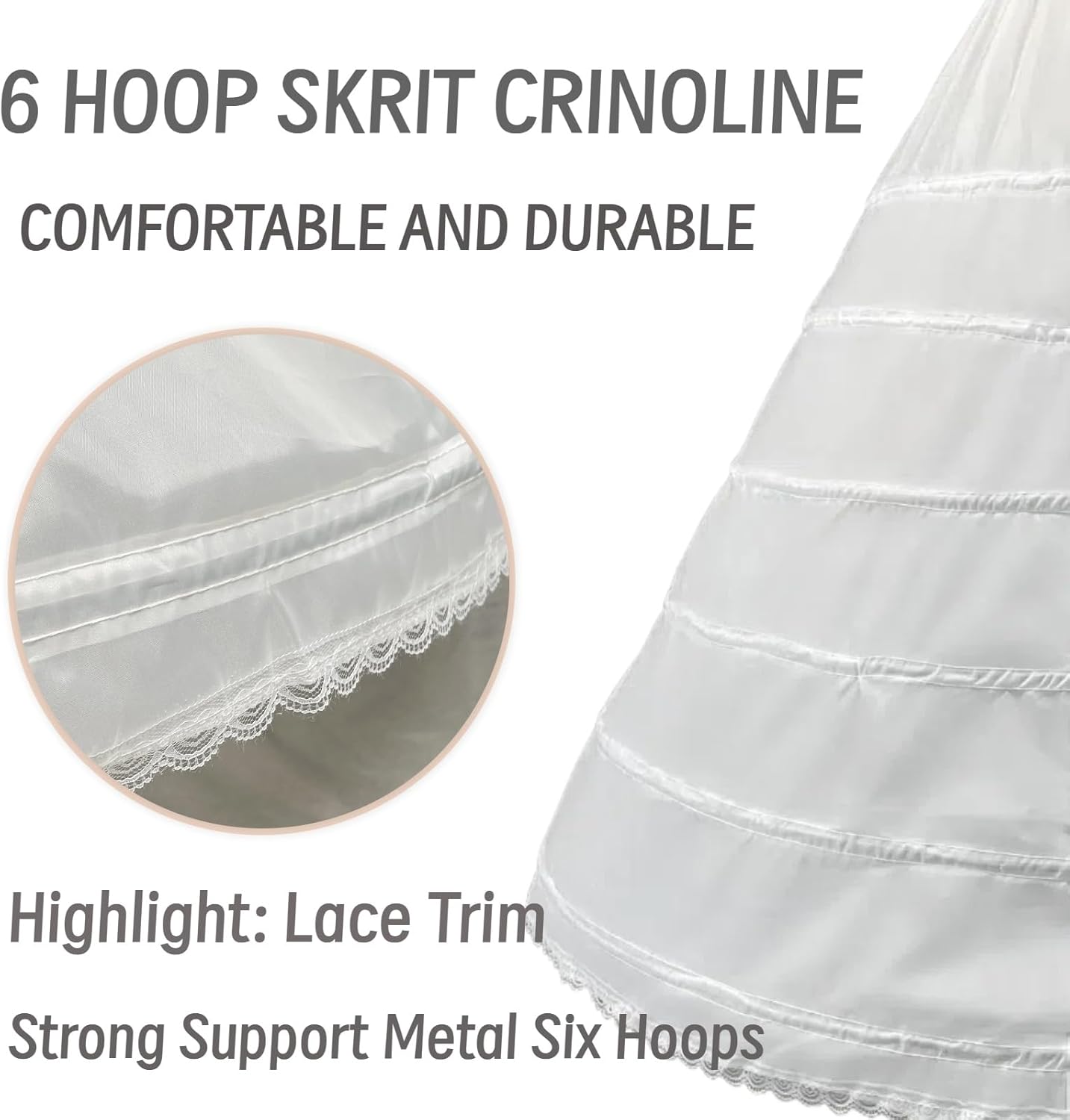 Women 6 Hoop Petticoat Underskirt Adjustable Waist Crinoline for Ball Gown Wedding Dress Costume White Slip with Lace Trim - Image 3