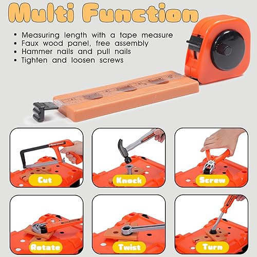 Miniatura 6 de REXBETI Juego de herramientas de construcción joven rosa de 18 piezas con herramientas de mano reales, cinturón de herramientas reforzado para