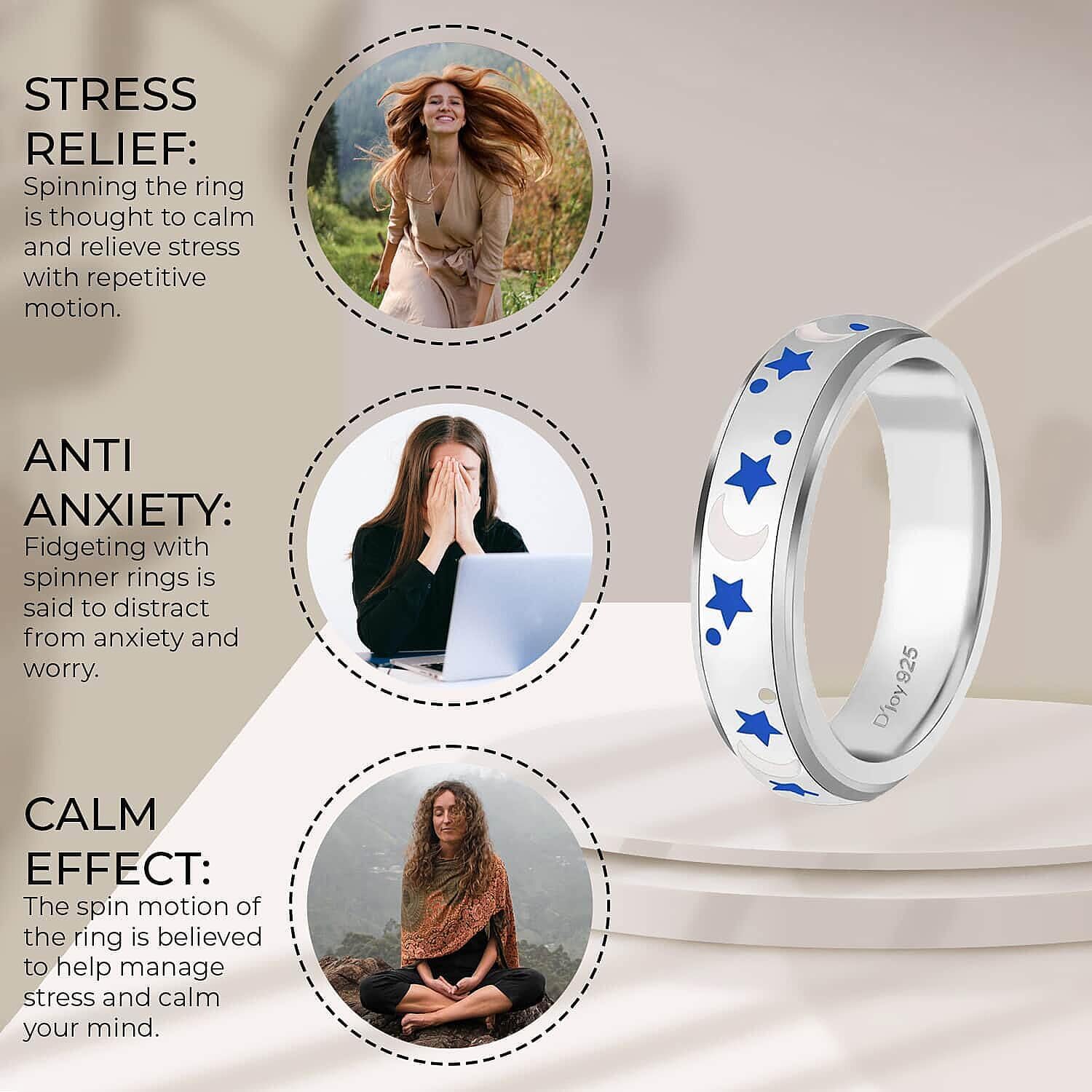 925 Sterling Silver Blue & White Enamel Moon Star Anxiety Spinner Ring for Women Platinum Plated Boho Wedding Anniversary Fidget Stress Relieving Band Ring for Men Size 5 Christmas Gifts