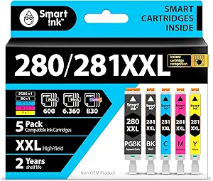 Smart Ink Compatible Ink Cartridges Replacement for Canon 281 280 PGI-280XXL CLI-281XXL (5 Combo Pack) to use with Canon Printers Pixma TR8520 TS9120 TS6120 TR8620 TR8620a TS6320 TR7520 PGBK/BK/C/M/Y