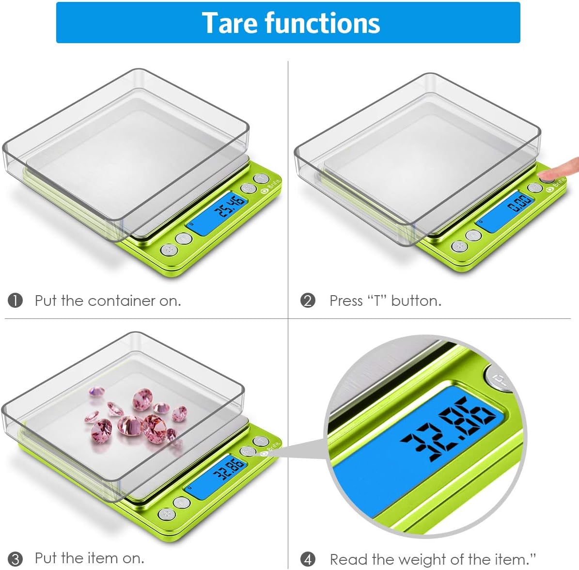 AMIR (Upgradaed) Brifit Digital Kitchen Scale, 500g-0.01g Mini Pocket Jewelry Scale, Cooking Food Scale with Backlit LCD Display, 2 Trays, 6 Units, Auto Off, Tare, Stainless Steel (Battery Included)