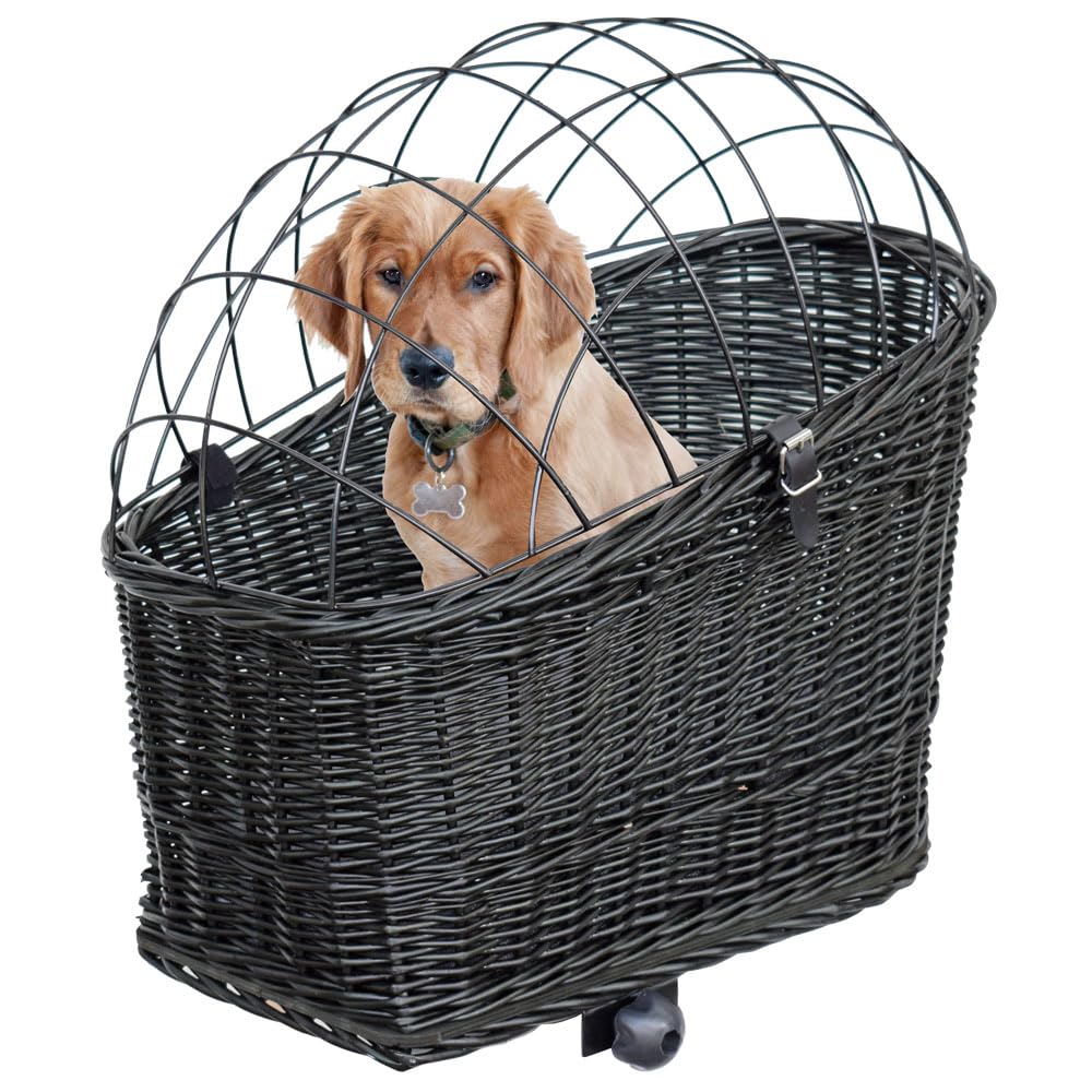 Fahrradkorb für Hunde – mit Gitterhaube, Befestigung für Gepäckträger, herausnehmbarem Kissen – aus Weide – Hundekorb Fahrrad 60×39×50 cm (SCHWARZ)