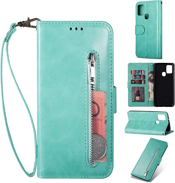 ZTOFERA Wallet Case for Samsung Galaxy A21S, Premium PU Leather Bumper Protective Cover Handbag Zipper Pocket Magnetic Flip Stand Case Cover for Samsung Galaxy A21S - Mint Green