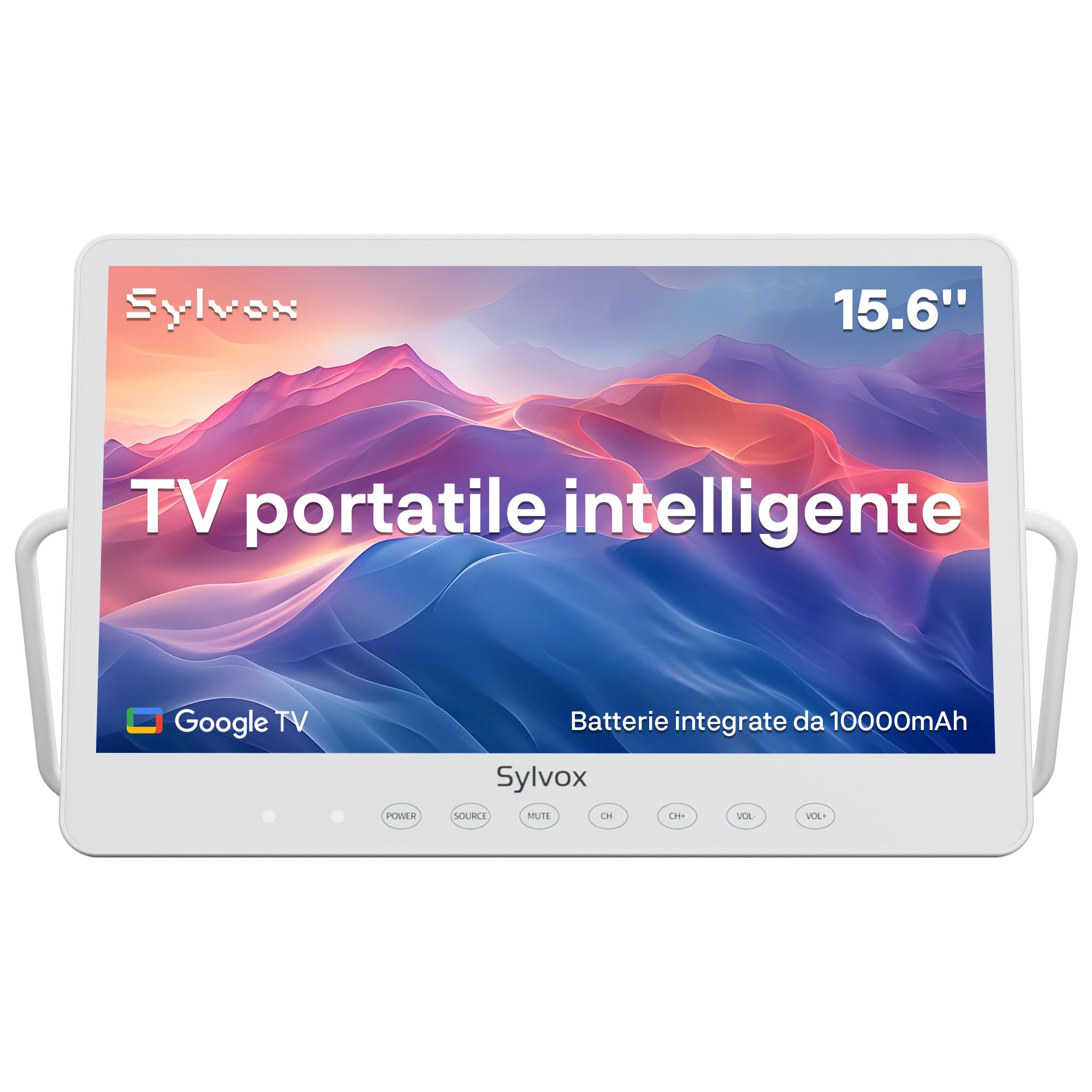 SYLVOX Televisor portátil de 15,6 pulgadas | Google TV, batería de 10000 mAh (6 h de tiempo de funcionamiento) | IP66 resistente al agua | USB, WiFi, Bluetooth | 12 V pequeño televisor exterior para