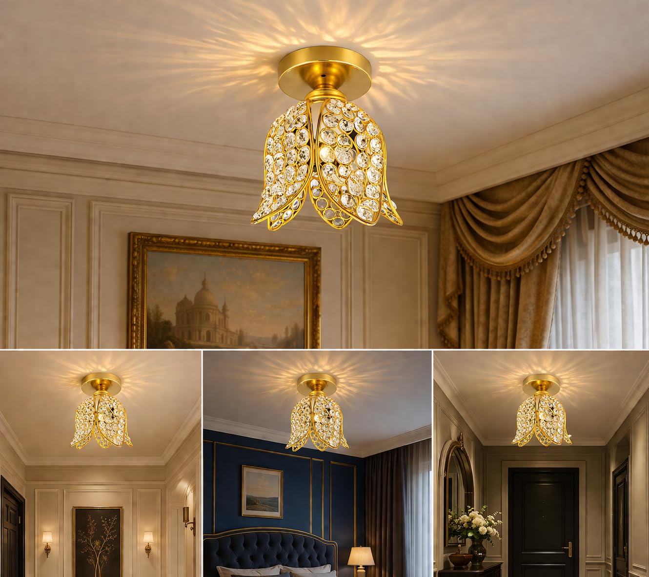 Nyara Luxe Crystal Petal Gold Ceiling Light | Modern Flush Mount Ceiling Lamp | Luxury Crystal Floral Ceiling Fixture for Bedroom, Living Room & Hallway-image-19