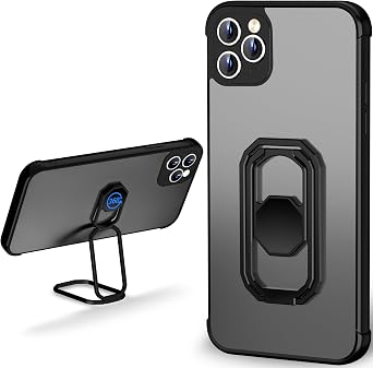 WINTONG for iPhone 11 Pro Max Case with Metal Stand, Matte Back Phone Case with Double Ring Holder Finger KickstandFoldable & Adjustable Shockproof Translucent Protective Cover - Frosted Black