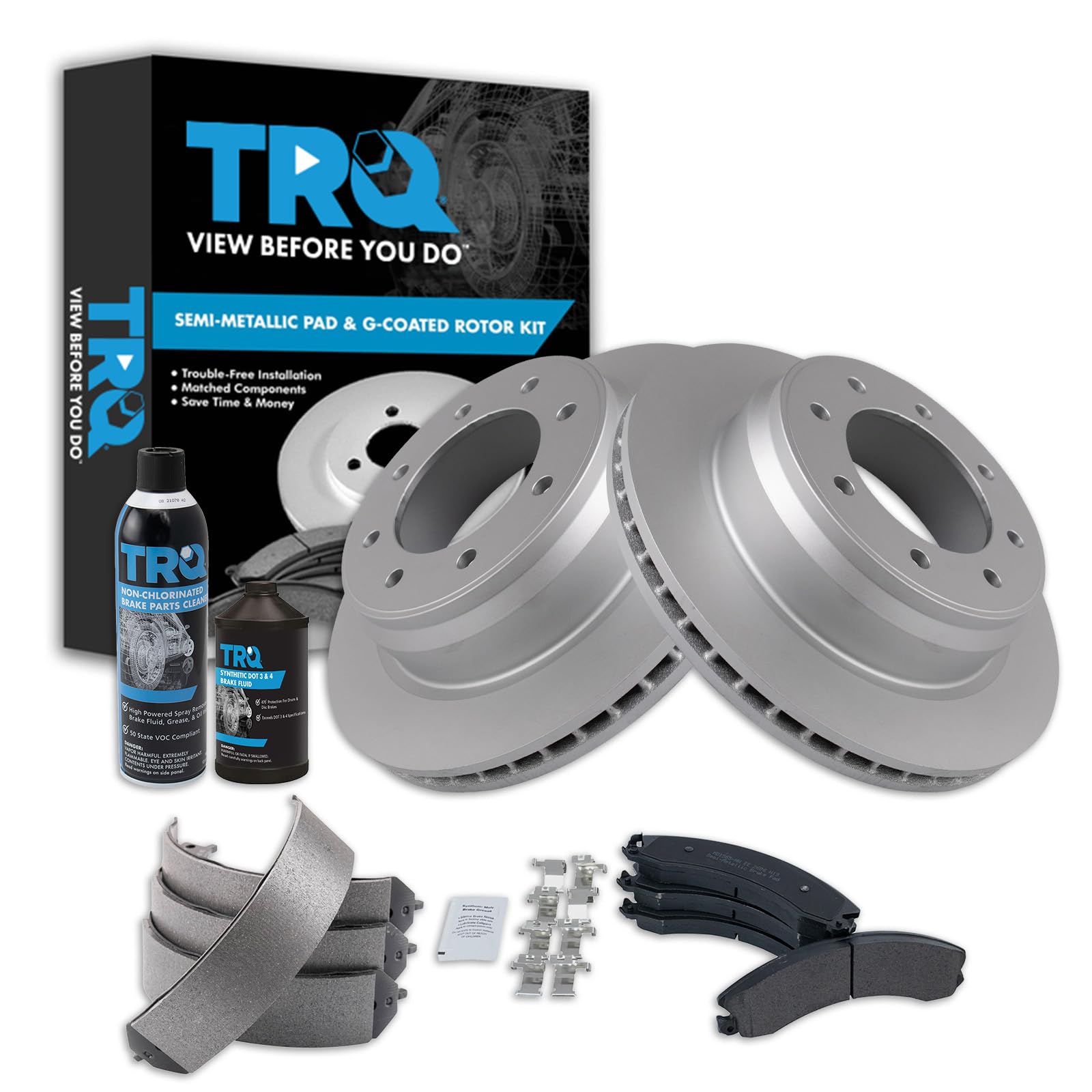 TRQ Rear Brake Pad &amp; Rotor Kit, with Chemical Kit Parking Brake Shoe Set Semi-Metallic Premium G-Coated Compatible with 2012-2019 Nissan NV1500 NV2500 NV3500