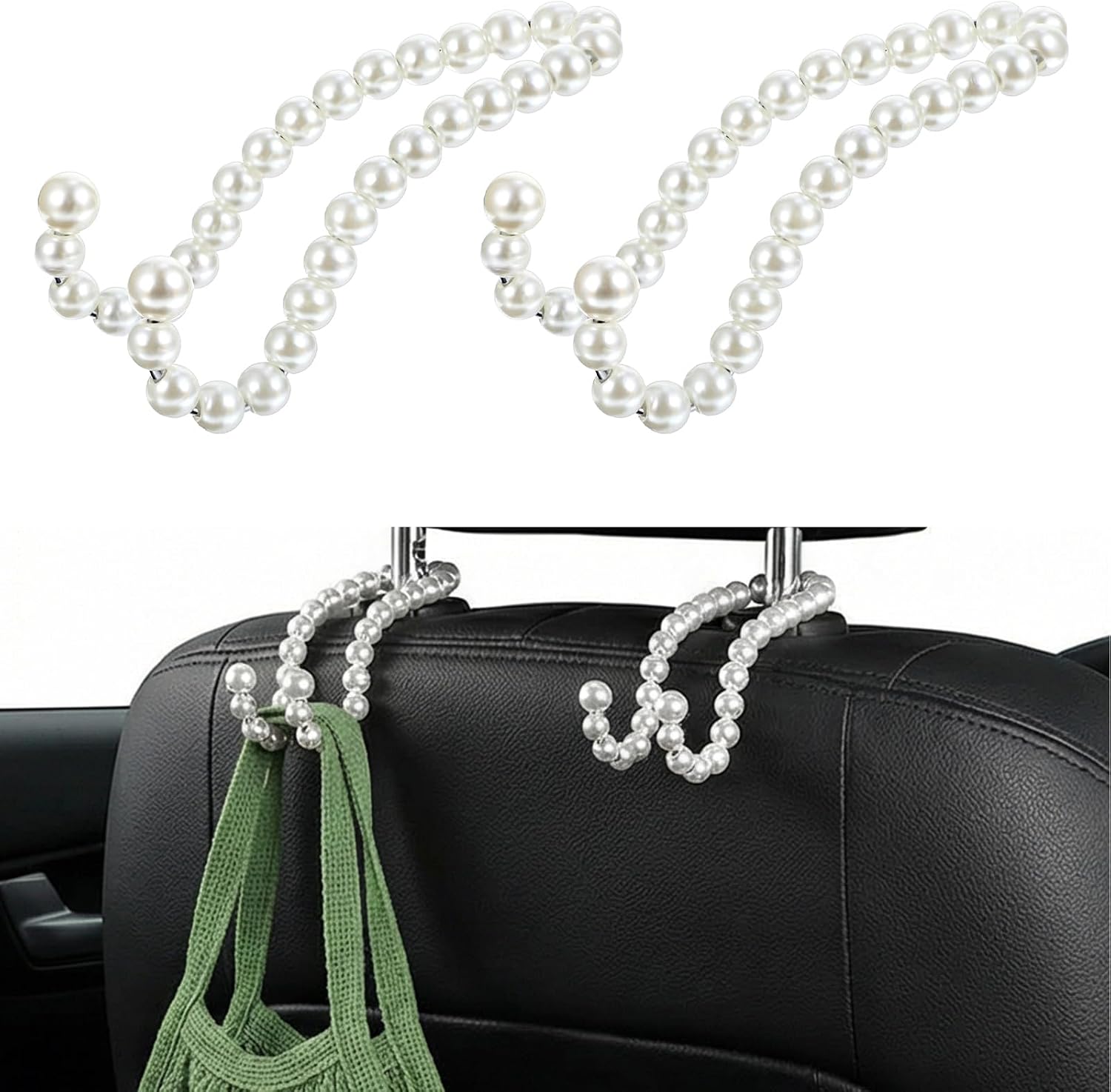 Bremorou 2 Pcs Elegant Pearl Car Seat Headrest Hook, Purse Hook For Car, Cute Pearl Bag Hanger For Seat Headrest Organized, Exquisite Headrest Hanger Purse Holder Interior Decoration For Women