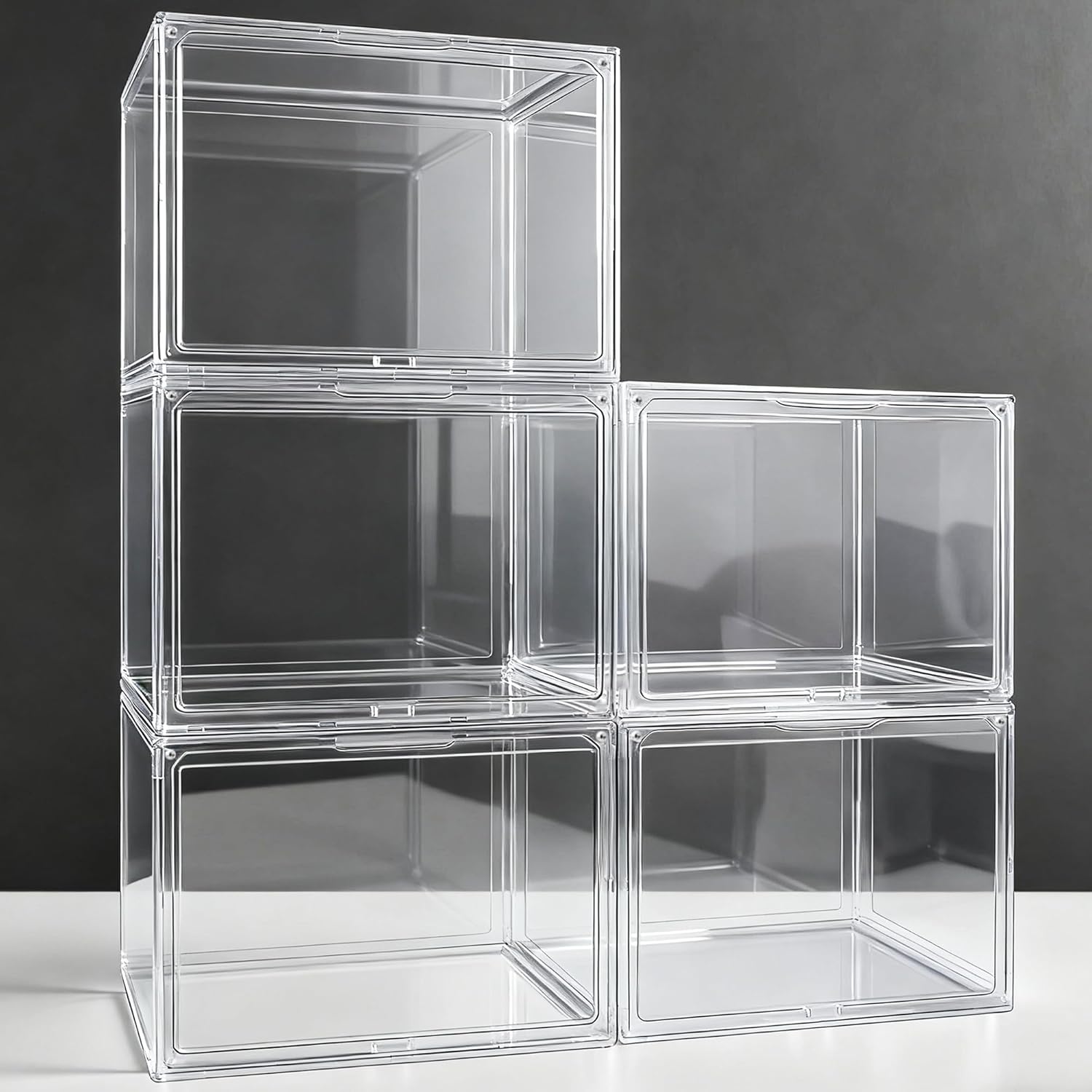 12 Pack X-Large Acrylic Display Case, Size 14 Clear Shoe Box Stackable Sneaker Display Case with Magnetic Lid Multipurpose Storage Bin for Closet for Purses, Handbags, Cosmetics, Collectibles 12 Pack Side Open Door (X-Large Acrylic)