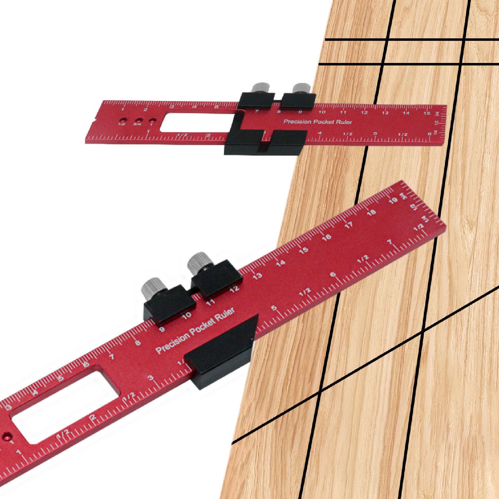 Holzbearbeitung, Positionierung, Messen, Anreißen, Lineal, roter Stopper, Zimmermannsmarkierung, 16, 20, 30 cm