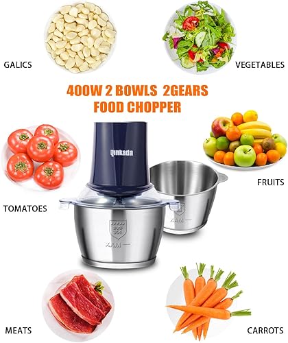 Miniatura 4 de Qinkada Procesadores de alimentos con 2 cuencos, picadora de carne de 400 W, picadora de alimentos eléctrica, 2 velocidades, vidrio de 8 tazas y 8