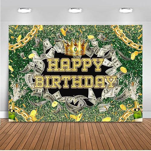 Mocsicka Telón de fondo de cumpleaños con corona de oro verde, diamantes, billetes de dólar en efectivo, decoraciones de fiesta para adultos,