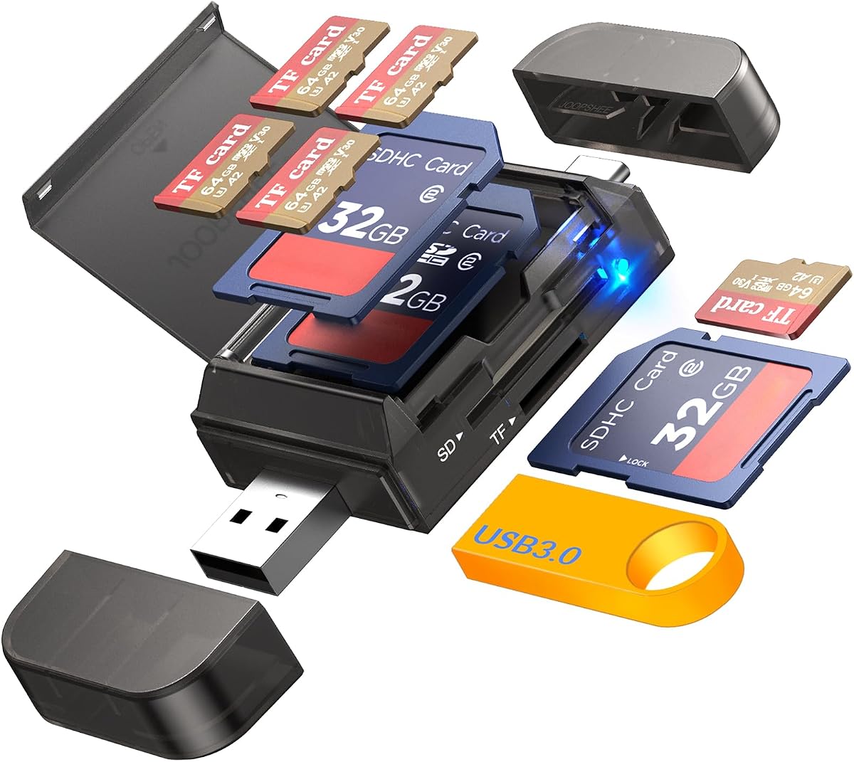 6-in-1 SD/TF Card Reader Adapter with SD Card Storage USB A & Type C Port & USB 3.0 Slots for Micro SD/SDHC/SDXC/MMC Memory Cards, Compatible with PC, MacBook, Chromebook, Android Phone, i-Phone