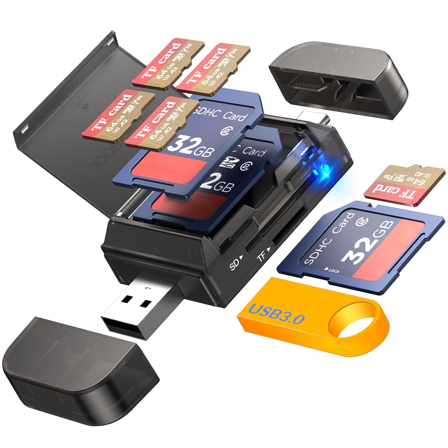 6-in-1 SD TF Card Reader Adapter with SD Card Storage USB A Type C Port USB 3 0