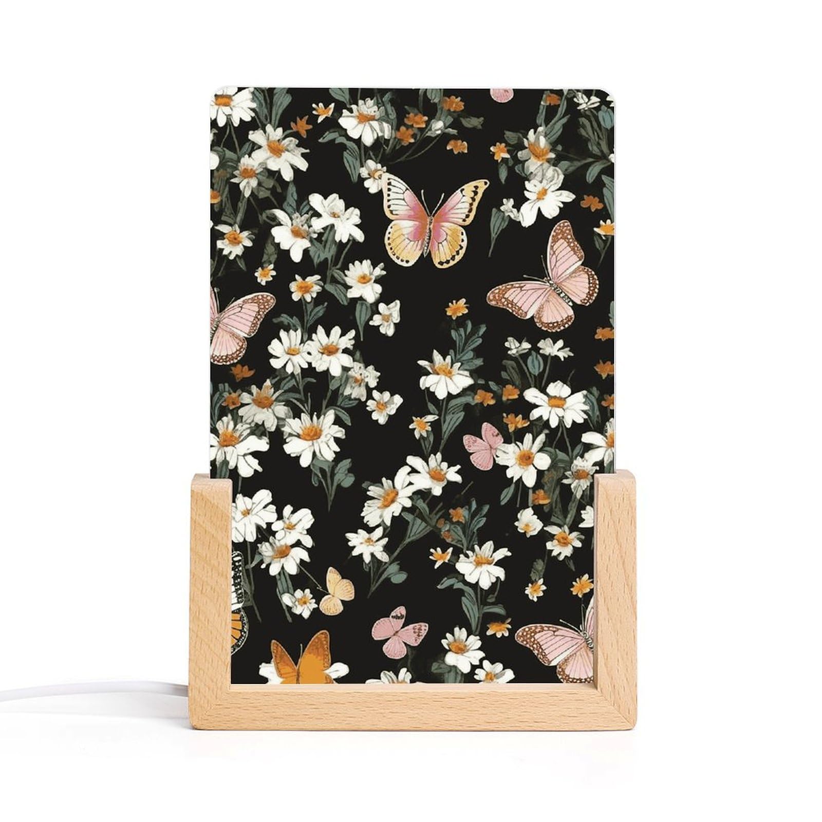 JTREHY Acrylic Night Light,Various Butterflies and Daisies Printed Wooden Base LED Night Light Modern Home Decoration Light with USB Switch Cable for Bar Cafe Bedroom Room Decoration