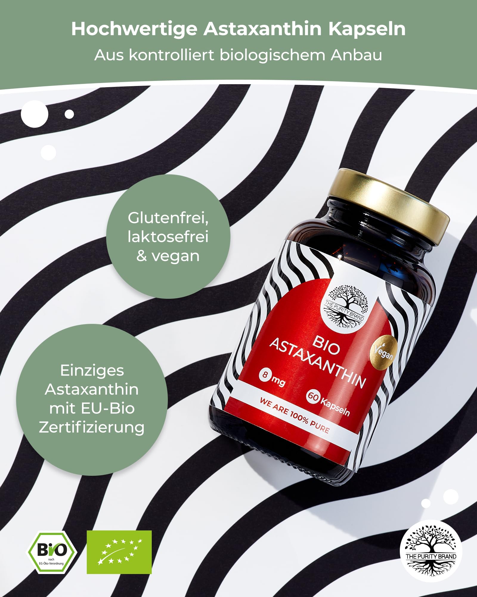 Bio Astaxanthin 60 Kapseln - 2 Monate Vorrat - Hochdosiert 8mg - Reinsubstanz - Nahrungsergänzungsmittel - Vegan & laborgeprüft - The Purity Brand