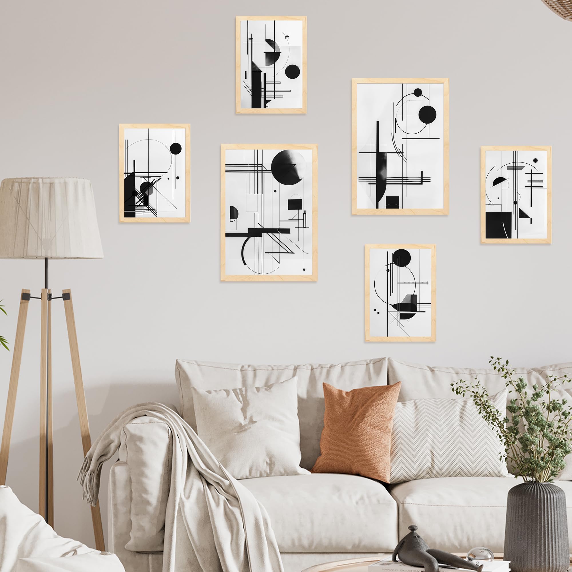 Nacnic Set van 6 Bauhaus Rood Blauw Geel Zwart Posters met ontwerpillustratie om muren van huis te versieren. Kamer, kantoor, winkel. A3 en A4 formaat Licht houten kader
