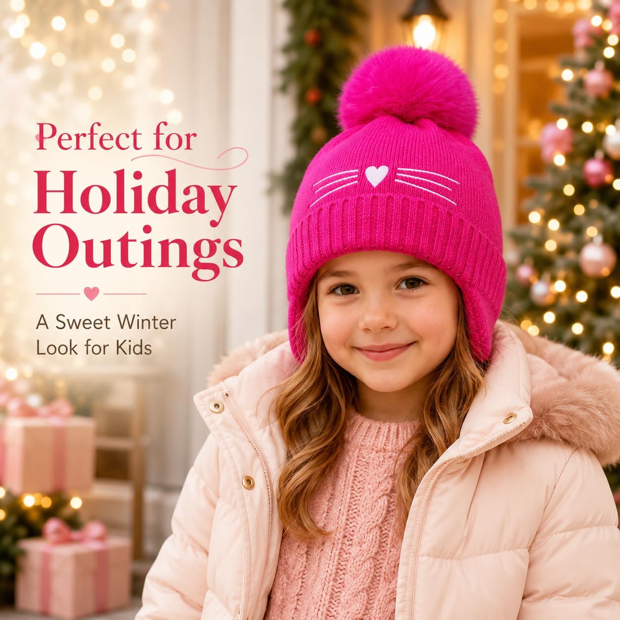 Toddler Girls Winter Hat with Ear Flaps, Kids Knit Pom Pom Beanie, Cute Warm Winter Hats for Girls Age 2-10