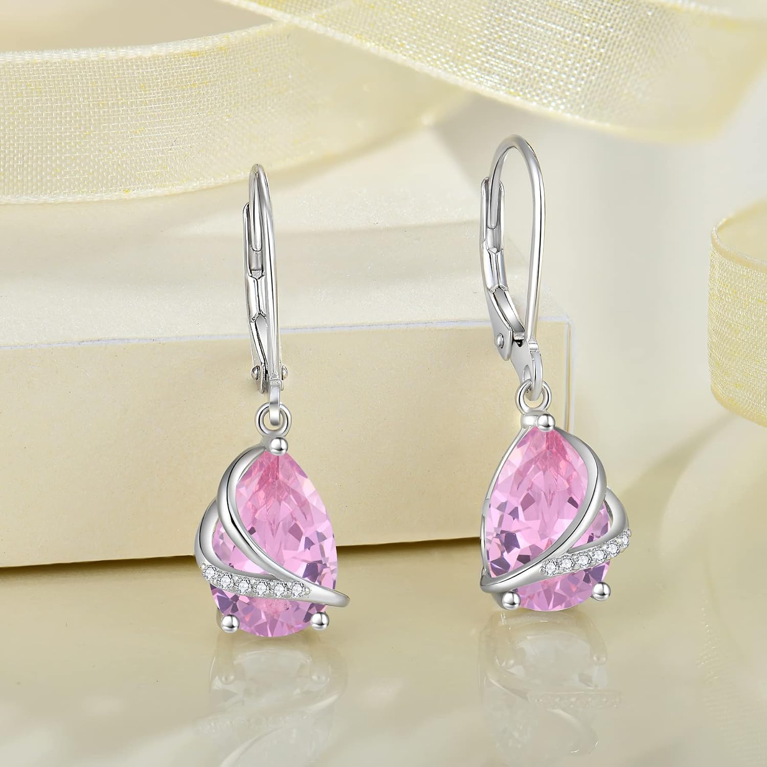 Teardrop Birthstone Earrings 925 Sterling Silver Dangle Drop Earrings Leverback Jewelry for Women