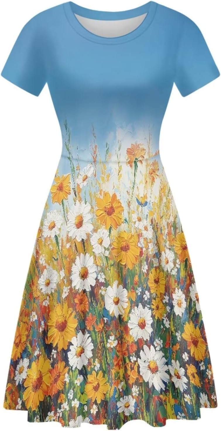 Beauty Collector Women's Dresses Short Sleeve Midi Crewneck Floral Flared Dress S-4XL