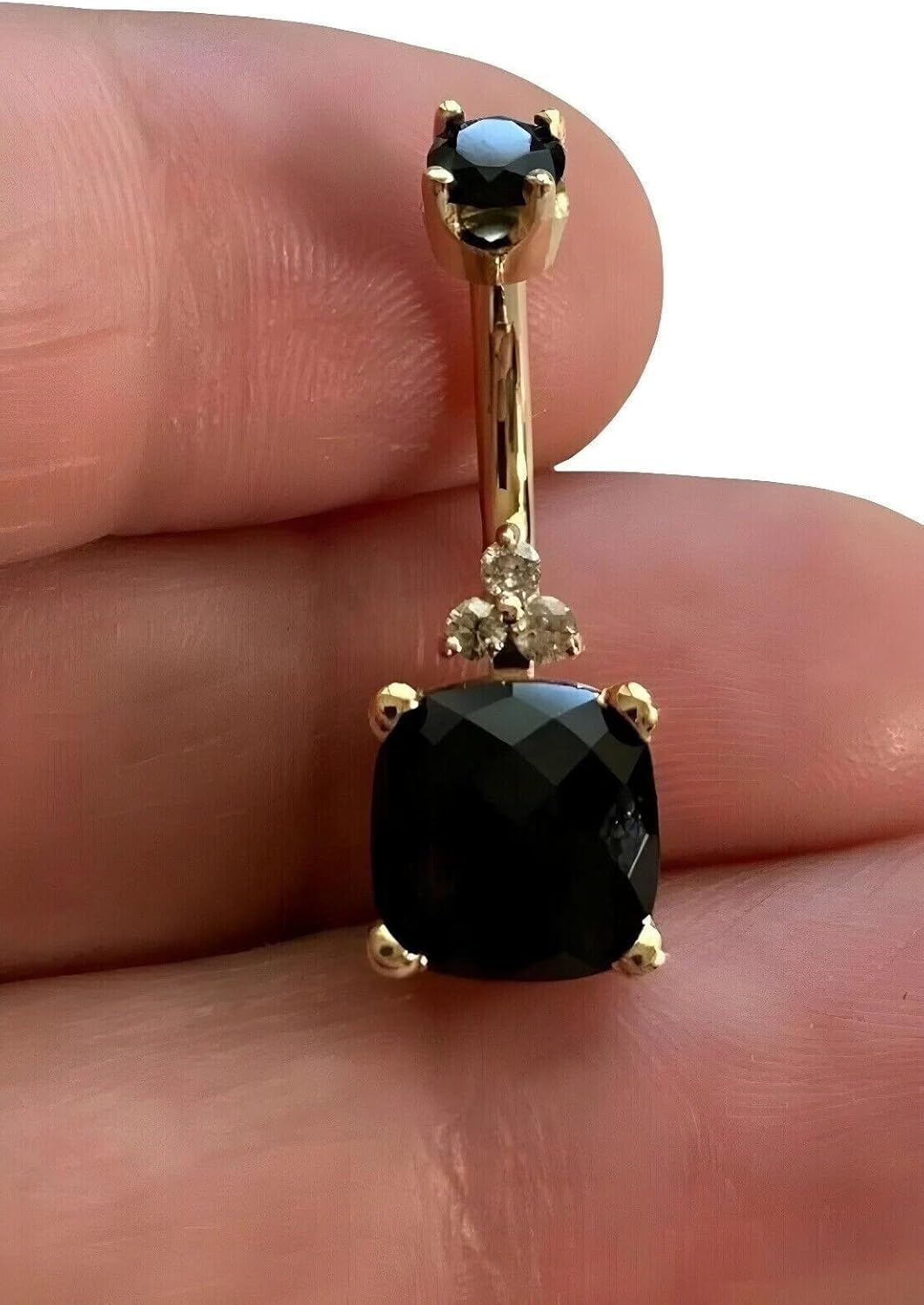 2.56 Ct Cushion Cut Black Moissanite With D/VVS1 Moissanite Accent Navel Barbell In 14K Yellow Gold Over – Gothic Glamour Belly Button Ring Body Jewelry
