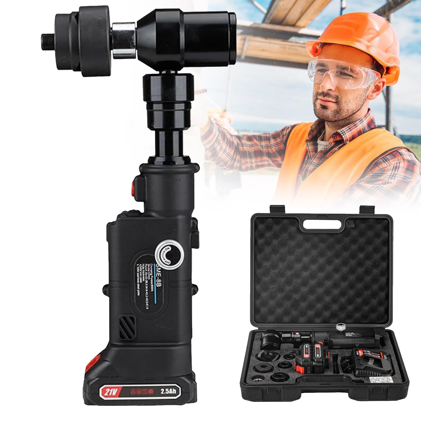 YXYLJOZ 80KN Hydraulic Hole Punch Electric Hydraulic Hole Punching Tool, Metal Hole Punch Hydraulic Knockout Punch Electrical, Includes 2 Batteries & 6 Dies for Q235 & Stainless Steel