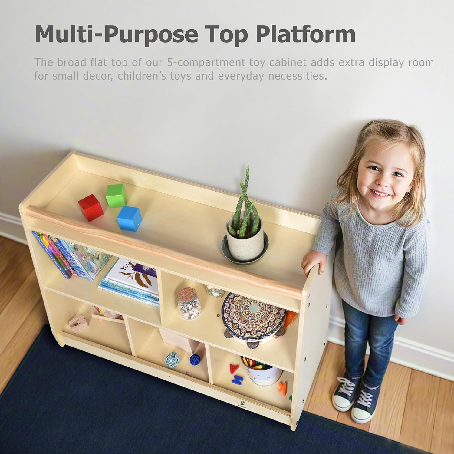 Montessori Toddler Bookshelf, Cubbies Organizer w/Top Pull-Up Bar image 4
