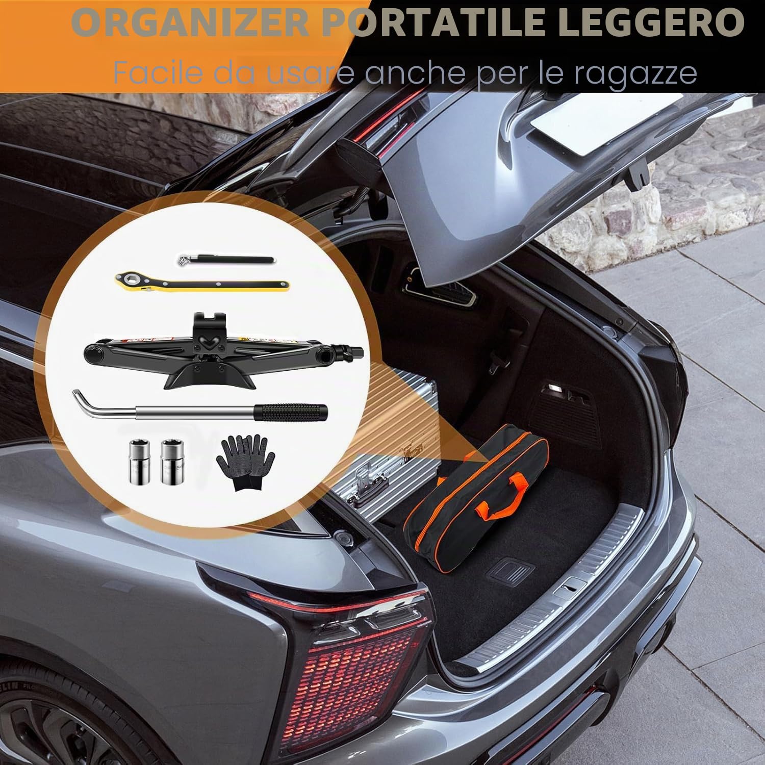Cric da 2500 kg (110-420 mm) con Chiavi per Dadi + Chiave a Cricchetto + Borsa – Piastra in Acciaio Ingrandita, per Auto, SUV, MPV | Stabilità & Portabilità
