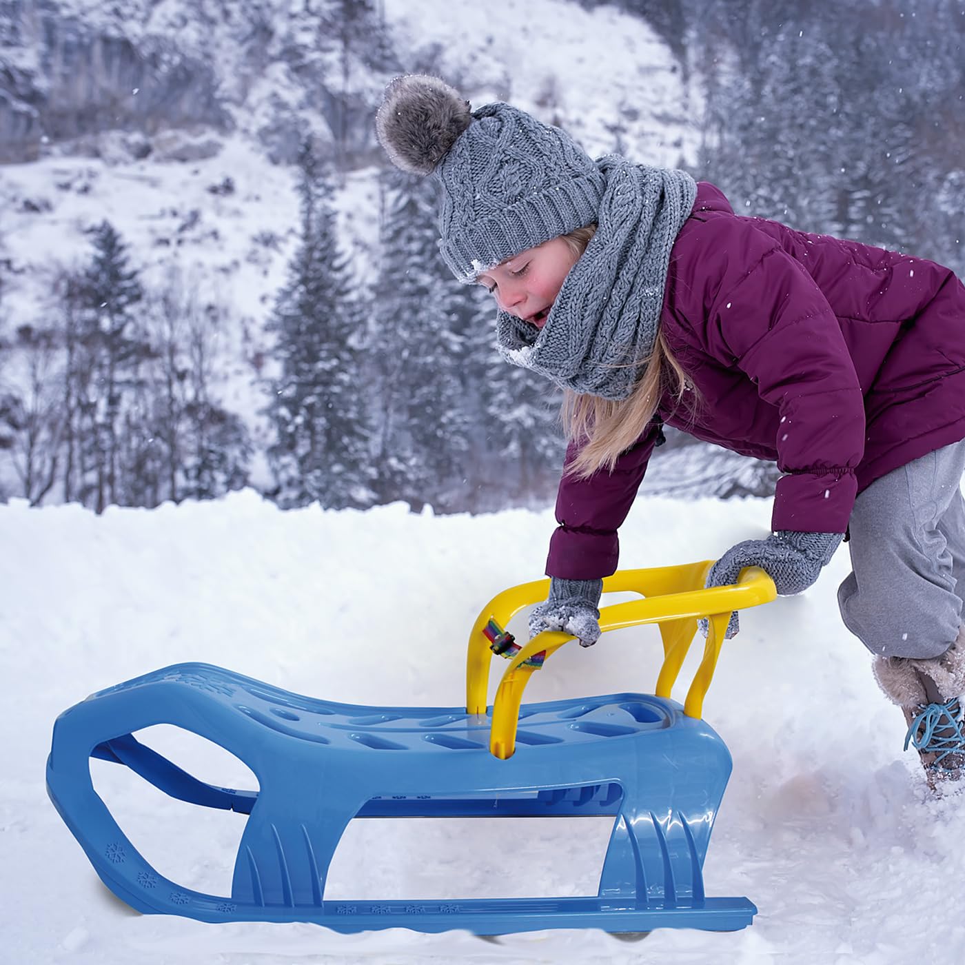 Jamara Snow Play 460367 Snow-Star 460367 Patins en métal avec Protection Contre Le basculement, Dossier et Sangle de sécurité Inclus Bleu 90 cm
