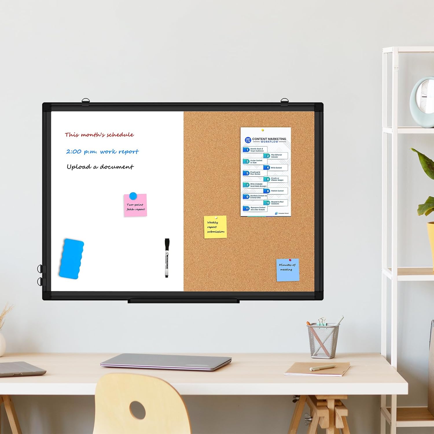 [24" x 36"] WALGLASS Dry Erase and Bulletin Boards Combo, Magnetic White Board Cork Board for Wall, Whiteboard & Corkboard Combination with Aluminum Frame, for Home, Classroom, Office