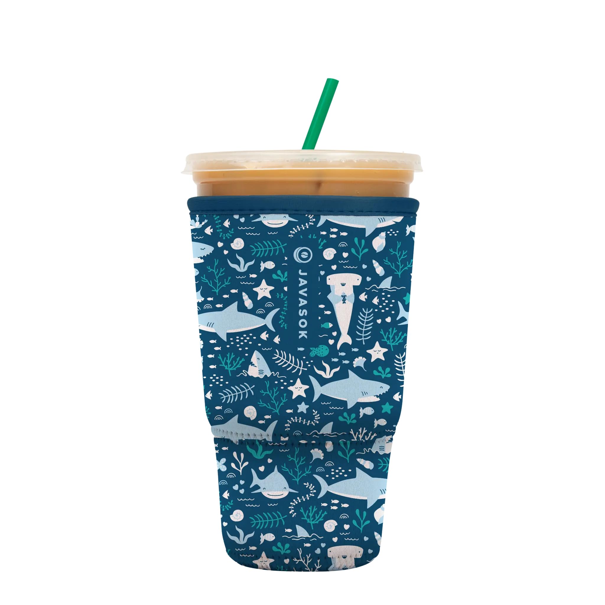 Sok It JavaSok Iced Coffee &amp; Cold Soda Insulated Neoprene Cup Sleeve (Happy Sharks, Large: 30-32oz)
