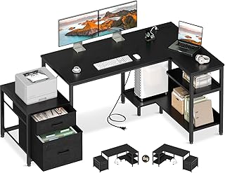 AODK ゲーミングデスク 引き出し2杯 パソコンデスク コンセント付き l字デスク 棚付き デスク 机 幅160 pcデスク desk 収納 オフィスデスク 在宅勤務 仕事用 組立簡単 ブラック