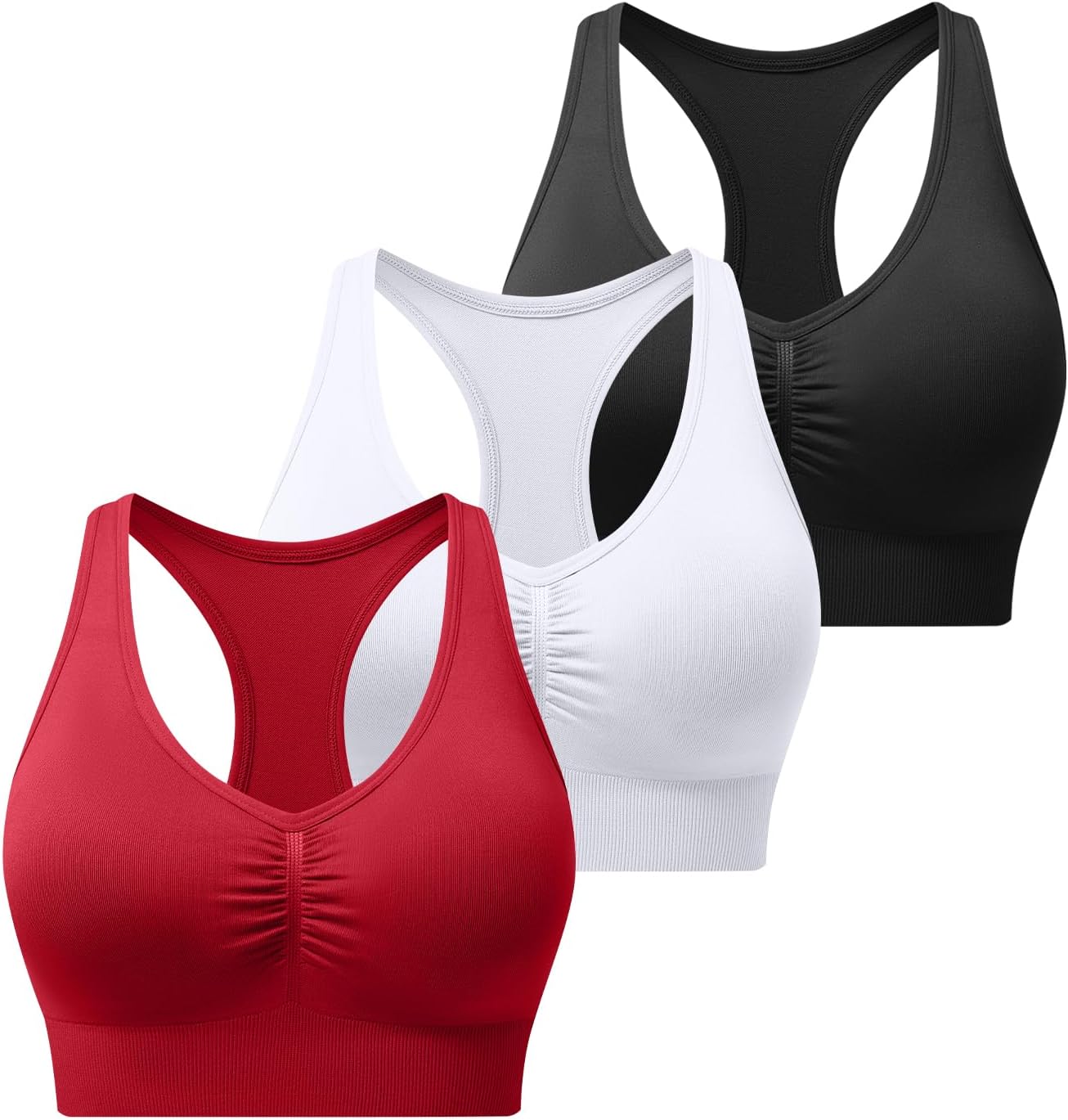 Ruched Sports Bra for Women Racerback V-Neck Workout Bras Padded Seamless Longline Yoga Bra
