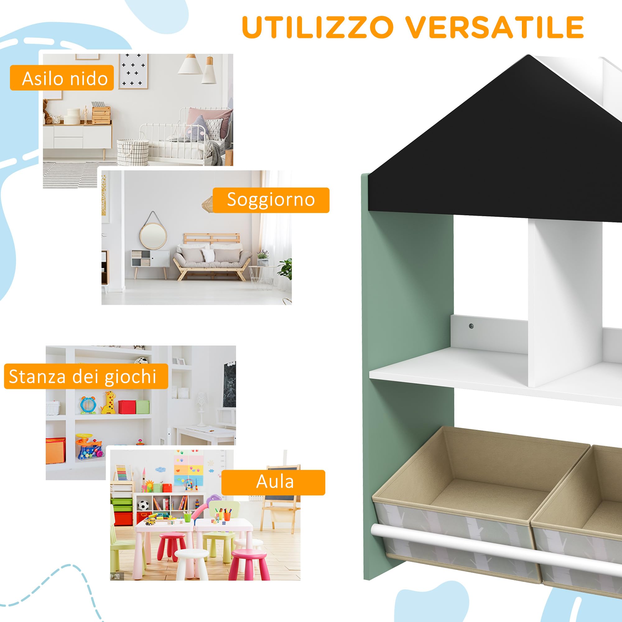 ZONEKIZ Scaffale Portagiochi per Bambini con Lavagna, Mobile per Cameretta con Cassetti Rimovibili e Ripiani, Arredamento per Bambini da Salotto e Asilo, Verde
