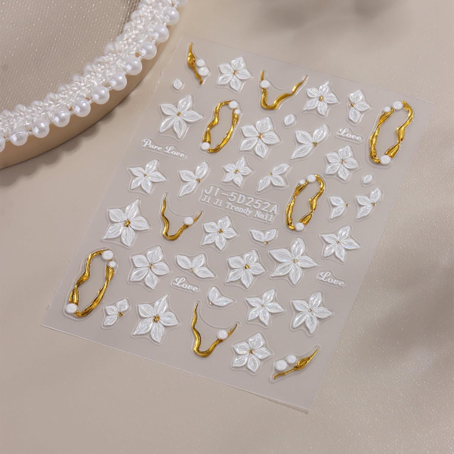 2 Sheets Spring Flower Nail Art Stickers 5D Embossed Nail Deals White Floral Gold Line Nail Design Stickers Cute Spring Nail Supplies Self-Adhesive Summer Nail Accessories for Women Manicure Decor
