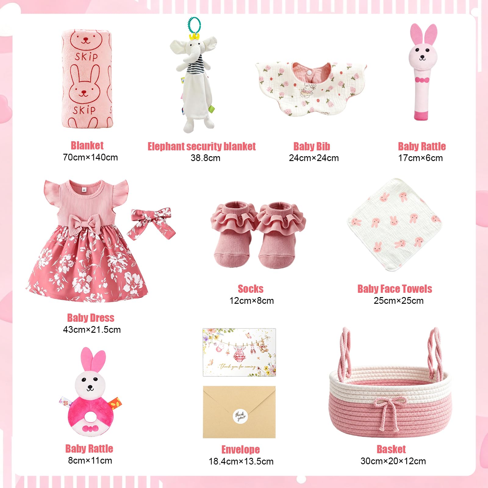 Regalo per neonata, 10 pezzi, regalo per neonati | Regalo per nascita con coperta, vestito, bavaglino, sonaglio, guanto da bagno, calze, cesto regalo (rosa)